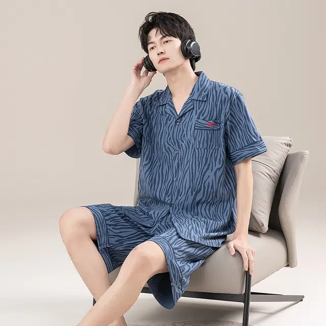 怀尔蔚 透气翻领舒适短袖上衣可外穿家居服五分裤睡衣套装 男款 图片色