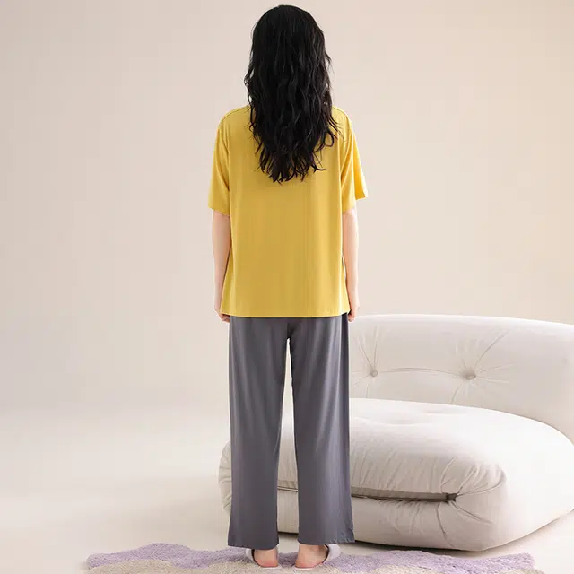 怀尔蔚 舒适凉感透气短袖上衣家居服可外穿长裤睡衣套装 女款 图片色