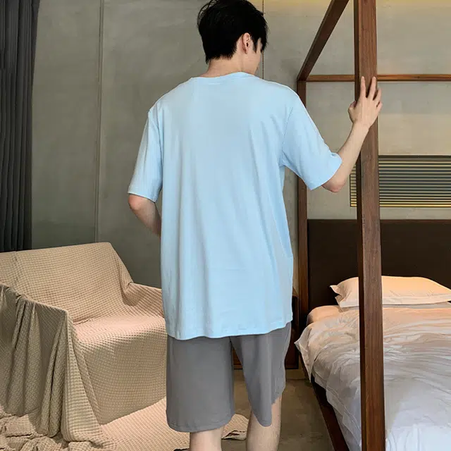 怀尔蔚 休闲薄款透气短袖舒适亲肤简约短裤睡衣套装 男款 蓝色