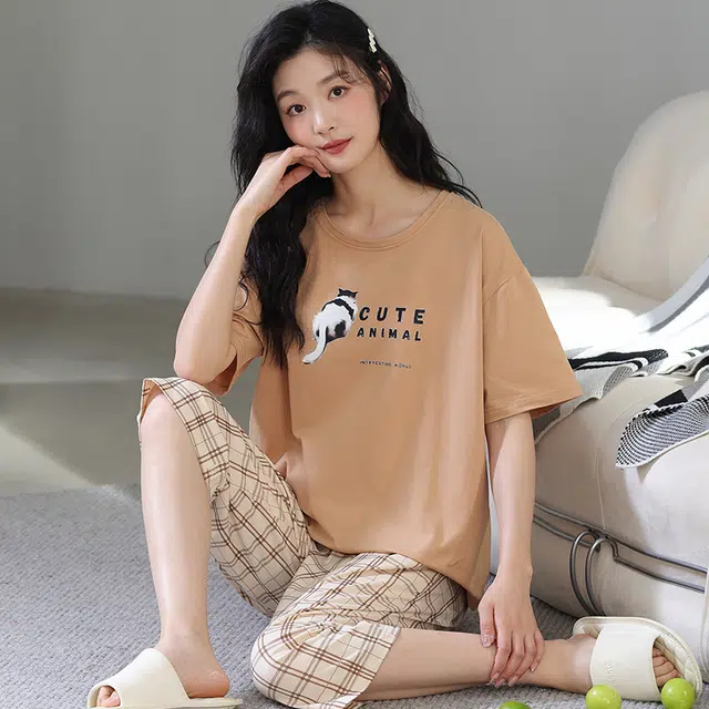 怀尔蔚 简约休闲慵懒风印花圆领套头短袖上衣亲肤舒适可外穿家居长裤睡衣套装 女款