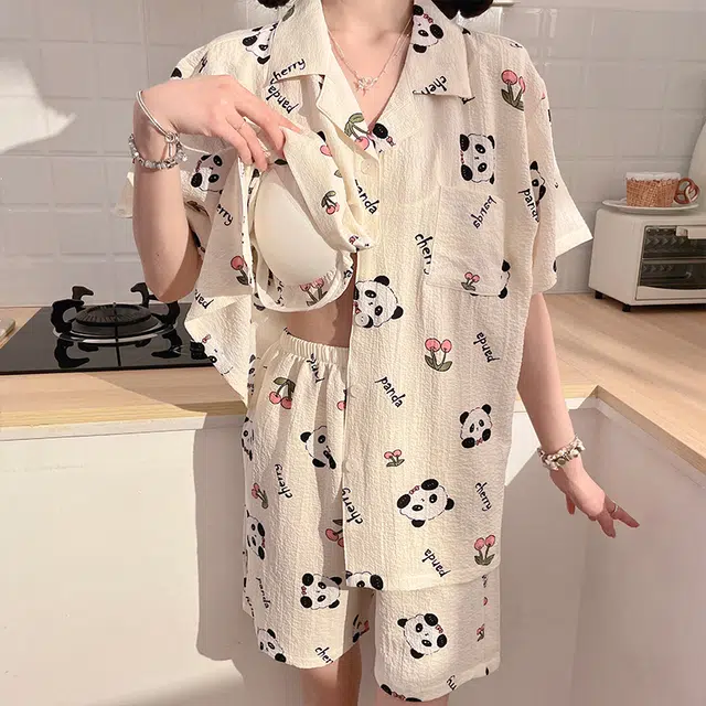 怀尔蔚 简约甜美卡通透气亲肤舒适短袖上衣休闲可外穿三分裤睡衣套装 女款 杏色