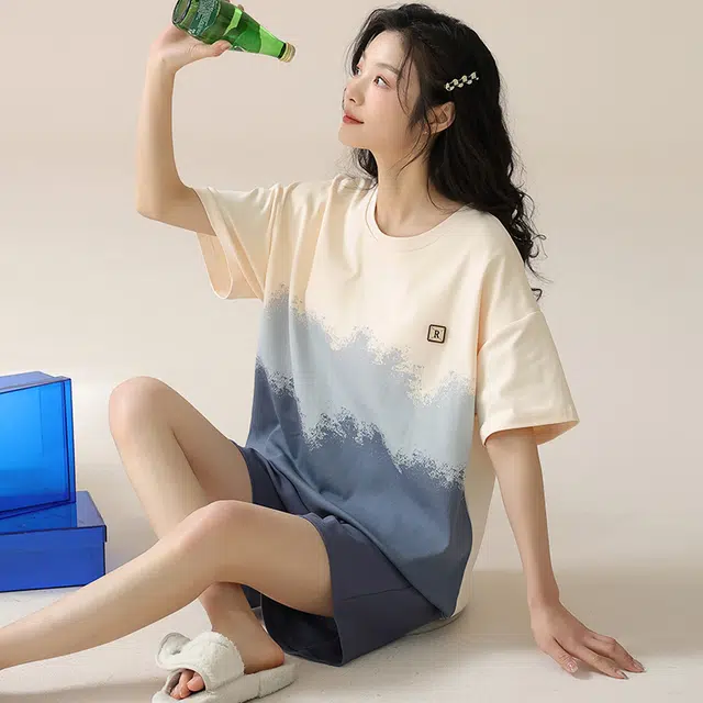 怀尔蔚 渐变撞色印花休闲短袖薄款透气亲肤短裤睡衣套装 女款 图色