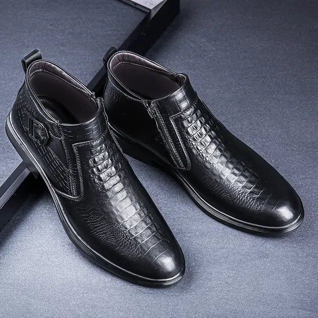 头层牛皮 经典商务时尚潮流加绒保暖鳄鱼纹皮面百搭显瘦增高 短靴 男款 黑色