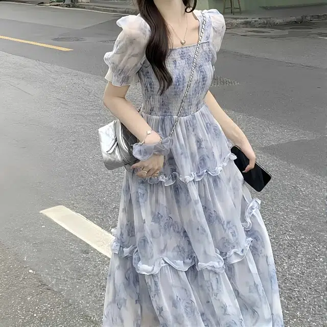依钗 复古温柔风领碎花收腰显瘦木耳边舒适浪漫歇歇裙装短袖连衣裙 女款