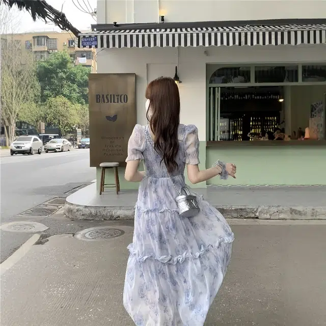 依钗 复古温柔风领碎花收腰显瘦木耳边舒适浪漫歇歇裙装短袖连衣裙 女款