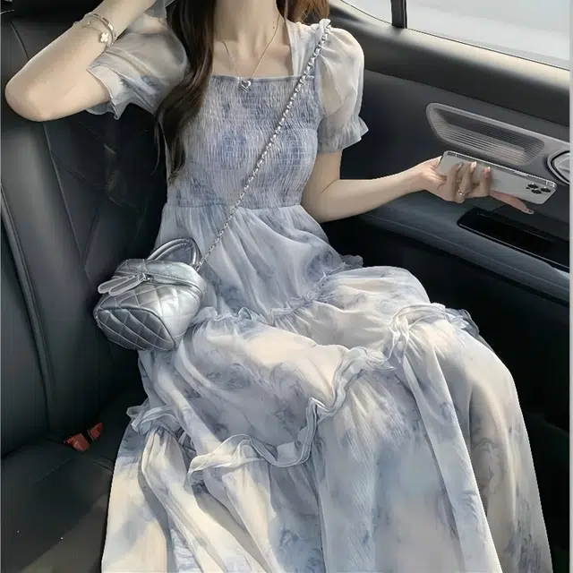 依钗 复古温柔风领碎花收腰显瘦木耳边舒适浪漫歇歇裙装短袖连衣裙 女款