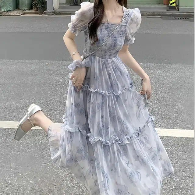 依钗 复古温柔风领碎花收腰显瘦木耳边舒适浪漫歇歇裙装短袖连衣裙 女款