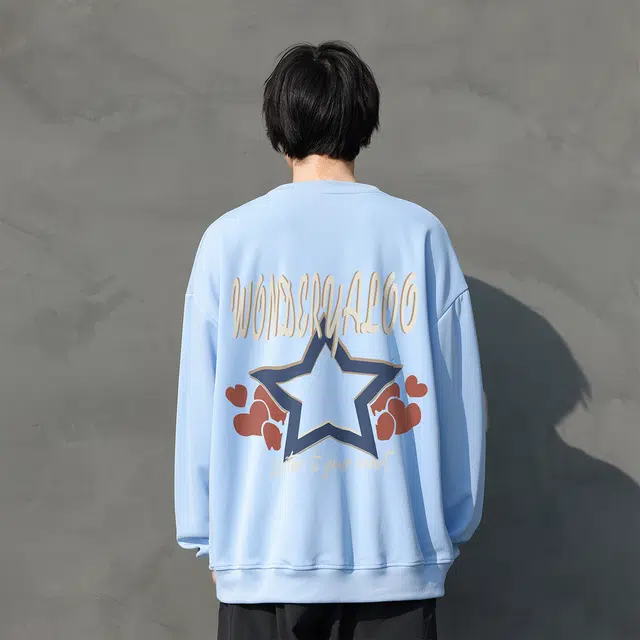 雅鹿 美式星星印花宽松休闲落肩套头圆领卫衣 男女同款