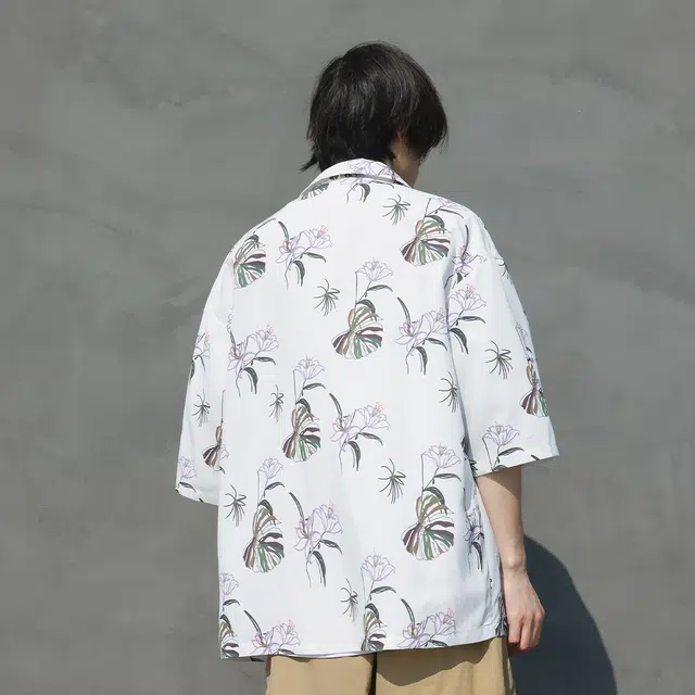 雅鹿 夏威夷风花卉满印宽松单排扣短袖衬衫 男女同款