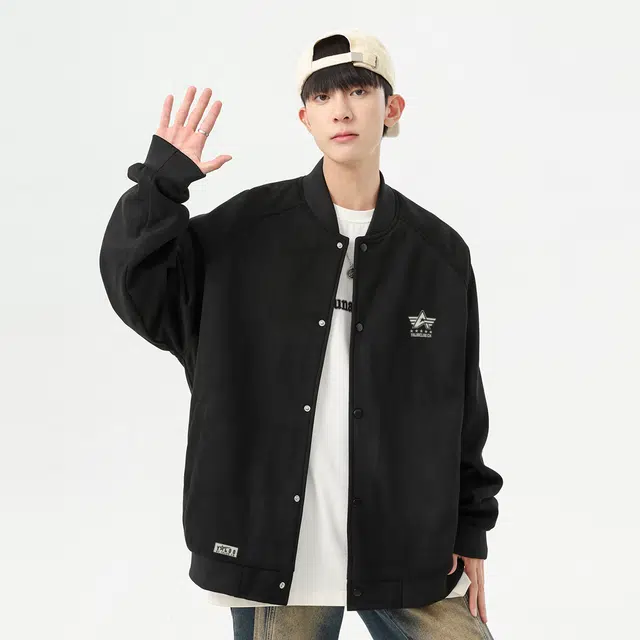 雅鹿 美式高街潮流字母印花基础款休闲宽松棒球领学院风纯色简约百搭夹克外套 男女同款