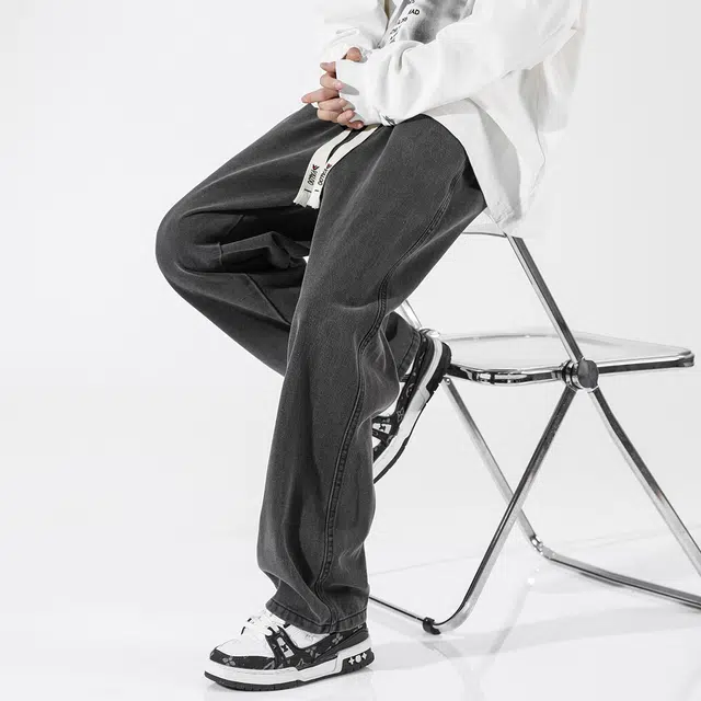 雅鹿 复古水洗做旧直筒纯色系带牛仔裤 男女同款