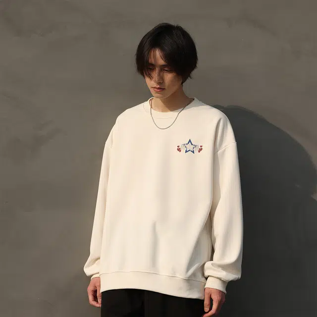 雅鹿 美式星星印花宽松休闲落肩套头圆领卫衣 男女同款