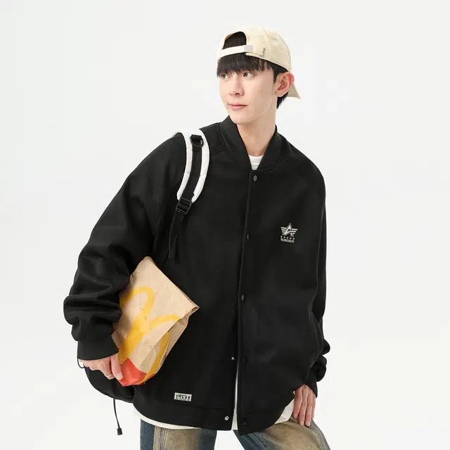 雅鹿 美式高街潮流字母印花基础款休闲宽松棒球领学院风纯色简约百搭夹克外套 男女同款