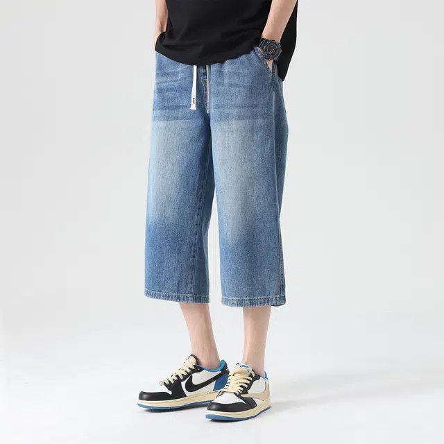 雅鹿 夏季新潮七分裤宽松直筒系带做旧短裤牛仔裤 男女同款