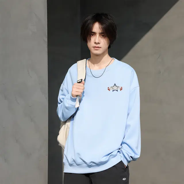 雅鹿 美式星星印花宽松休闲落肩套头圆领卫衣 男女同款