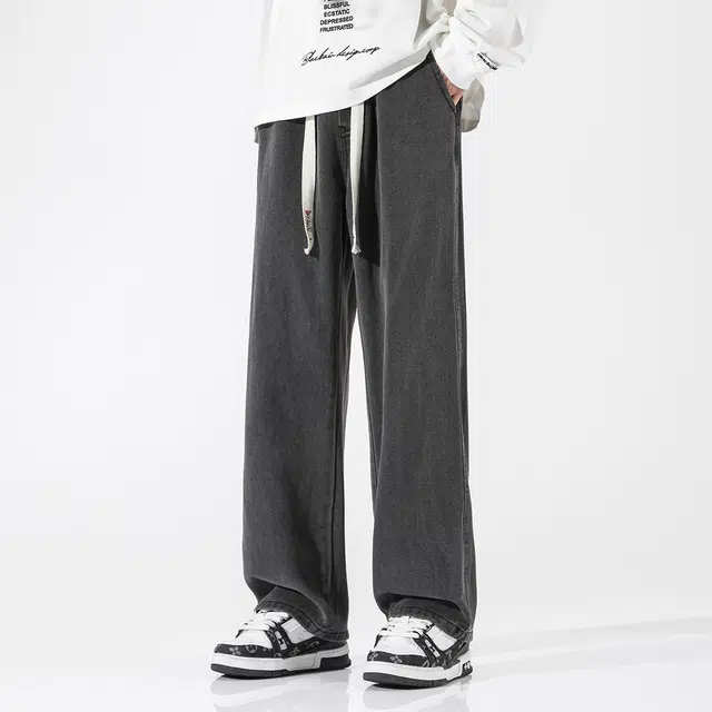 雅鹿 复古水洗做旧直筒纯色系带牛仔裤 男女同款