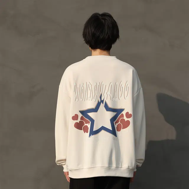 雅鹿 美式星星印花宽松休闲落肩套头圆领卫衣 男女同款