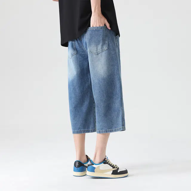 雅鹿 夏季新潮七分裤宽松直筒系带做旧短裤牛仔裤 男女同款