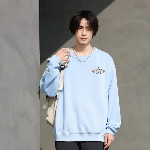 雅鹿 美式星星印花宽松休闲落肩套头圆领卫衣 男女同款