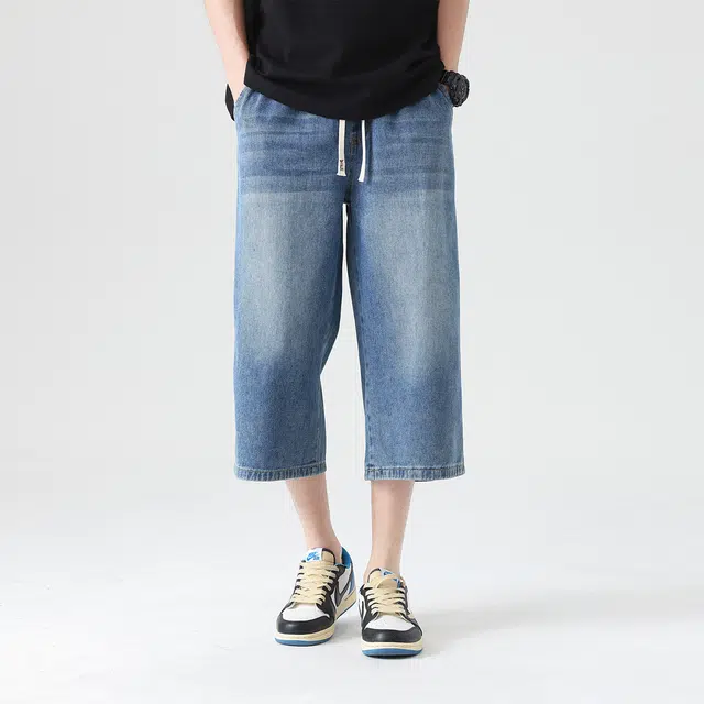 雅鹿 夏季新潮七分裤宽松直筒系带做旧短裤牛仔裤 男女同款