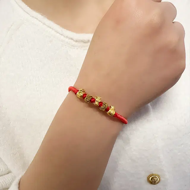 敦煌博物馆 财运滚滚金龙编织红绳 足金 一口价 黄金手链 女款