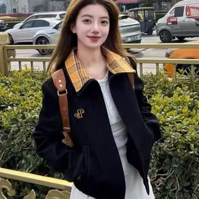 悍戈 美式复古假两件拼接格纹翻领原牛丹宁拉链工装休闲短款夹克牛仔外套 男女同款