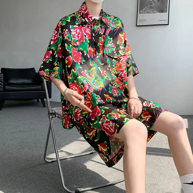 零氏 东北大花风格痞帅速干服饰衣大码宽松薄款五分裤痞帅翻领短袖休闲运动套装 男女同款