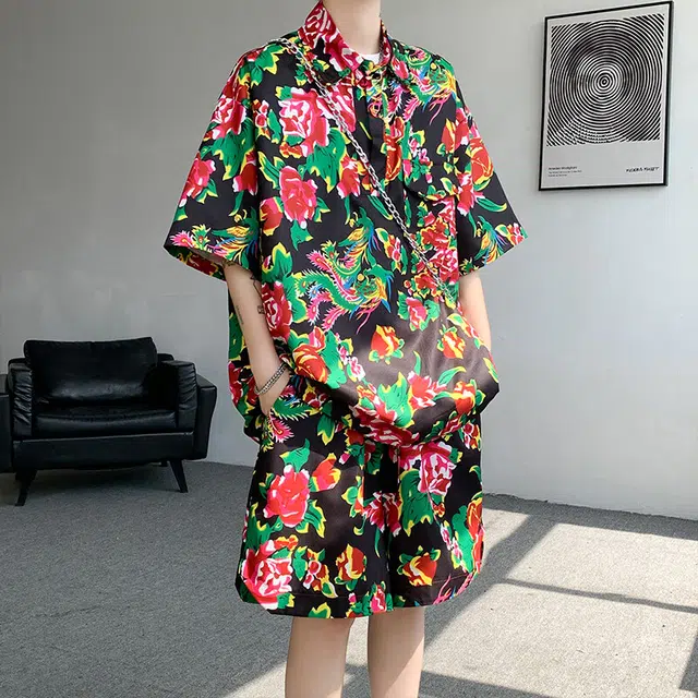 零氏 东北大花风格痞帅速干服饰衣大码宽松薄款五分裤痞帅翻领短袖休闲运动套装 男女同款