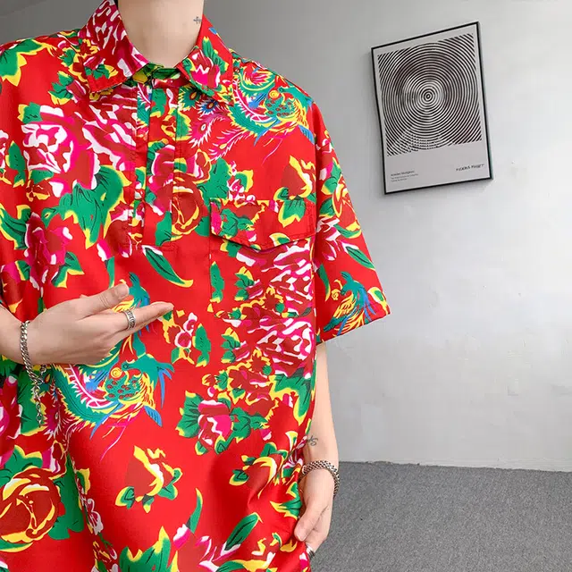 零氏 东北大花风格痞帅速干服饰衣大码宽松薄款五分裤痞帅翻领短袖休闲运动套装 男女同款