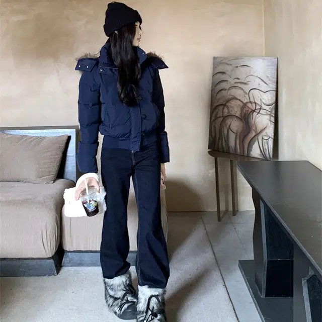困住大象 韩系复古高级感毛领设计感美式高街时尚连帽舒适长袖加厚保暖宽松外套潮流百搭气质休闲棉服 男女同款 藏蓝色