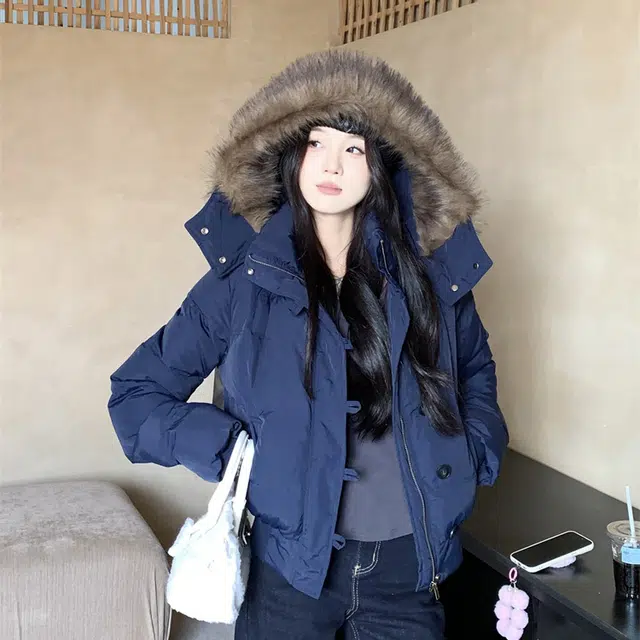 困住大象 韩系复古高级感毛领设计感美式高街时尚连帽舒适长袖加厚保暖宽松外套潮流百搭气质休闲棉服 男女同款 藏蓝色