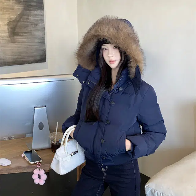 困住大象 韩系复古高级感毛领设计感美式高街时尚连帽舒适长袖加厚保暖宽松外套潮流百搭气质休闲棉服 男女同款 藏蓝色