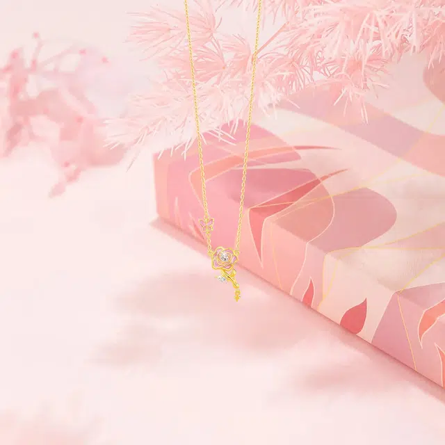 【S925银】 六桂福珠宝 玫瑰花  小众设计经典百搭学生日常简约精致高级感轻奢通勤极简约会温柔气质可调节锁骨链 锆石 项链 女款