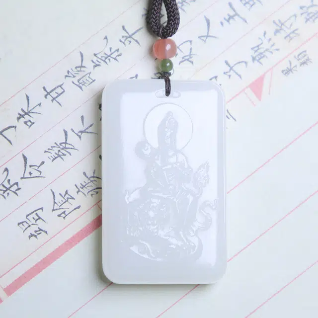 匠心琢玉 骑狮观音吊坠 文殊菩萨 国风新潮轻奢 和田玉项链 白玉 男款