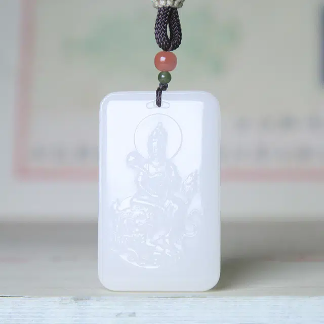 匠心琢玉 骑狮观音吊坠 文殊菩萨 国风新潮轻奢 和田玉项链 白玉 男款