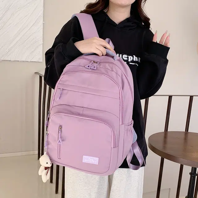 班亚奴 韩版纯色百搭休闲大容量耐脏 尼龙 书包双肩包电脑包旅行包 中号 男女同款情侣款 黑色/紫色/绿色/蓝色