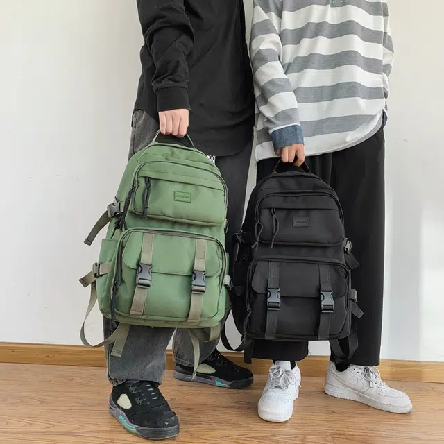 班亚奴 潮流时尚书包出行百搭便携大容量 尼龙 背包双肩包电脑包旅行包 中号 男女同款情侣款 绿色/黑色/卡其色