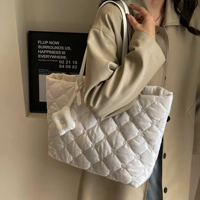 班亚奴 纯色时尚大容量托特包百搭出游旅行便携 布 单肩包 大号 女款 白色/黑色