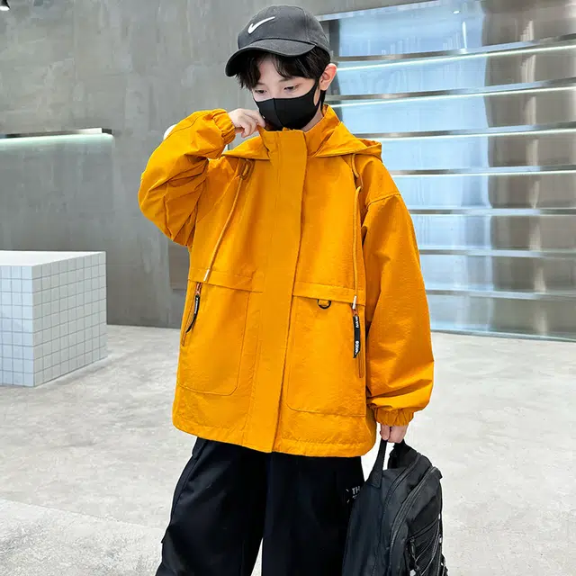 棉致 时尚洋气纯色连帽长袖夹克外套 黄色 青少年