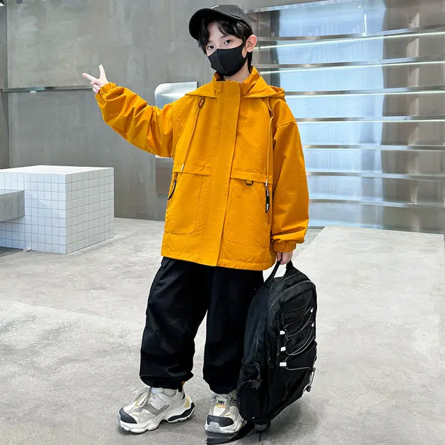 棉致 时尚洋气纯色连帽长袖夹克外套 黄色 青少年