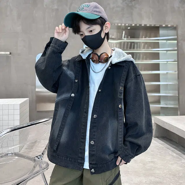 棉致 时尚洋气连帽纯色宽松长袖夹克外套 青少年