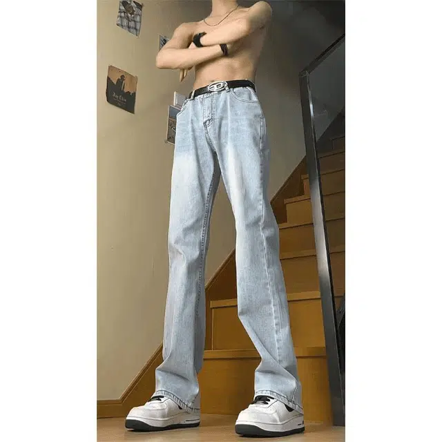 木林森 美式复古百搭简约柔感不硬舒适亲肤潮流微弹高街时尚中腰微喇通勤休闲百搭黄泥染水洗牛仔裤 男女同款