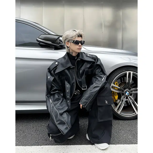 木林森 美式高街复古机车服夹克结构设计感潮牌小众高级感短款皮衣 男女同款