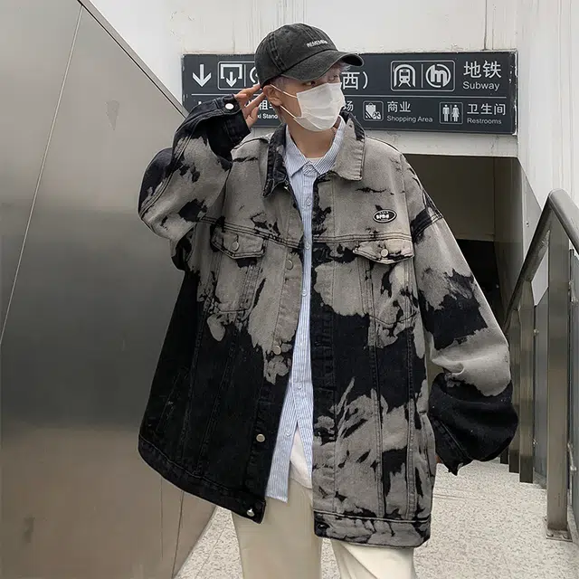 木林森 美式复古扎染小众设计潮牌高街痞帅翻领宽松休闲牛仔外套 男女同款