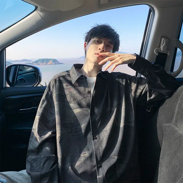 木林森 美式复古高街潮牌印花款潮流设计感翻领休闲时尚百搭长袖日常通勤上衣衬衫 男女同款