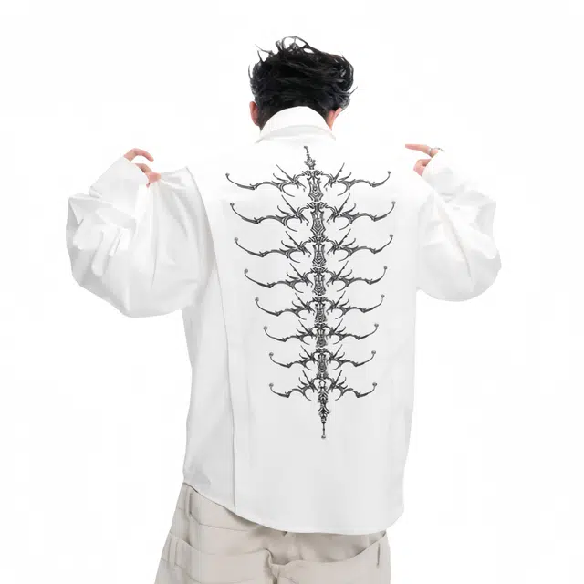 木林森 重工刺绣高级肌理感钉珠脊骨铆钉长袖翻领宽松衬衫 男女同款