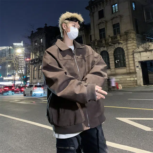 木林森 美式复古高街潮牌麂皮绒翻领外套男美拉德高级感休闲简约情侣夹克皮衣 男女同款