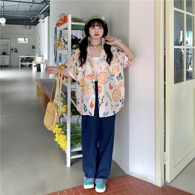木林森 夏威夷沙滩度假风水果满印短袖衬衫 男女同款 米色