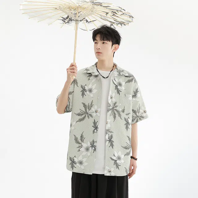木林森 风花卉满印夏日沙滩度假风短袖衬衫 男女同款 绿色