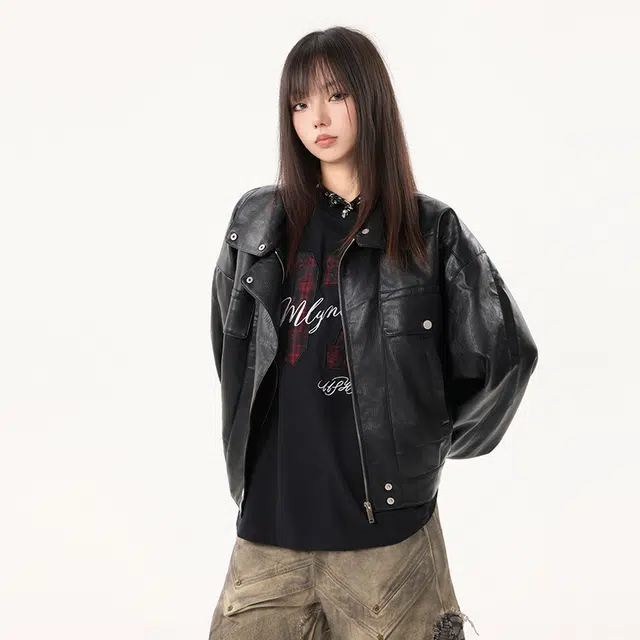 木林森 美式复古高街潮流简约短款拼接时尚设计款品牌外套宽松休闲百搭痞帅风夹克皮衣 男女同款